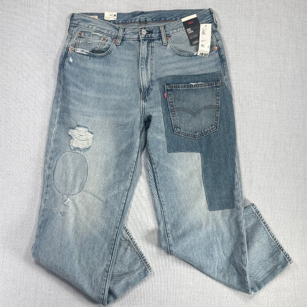 NWT Levi's Premium 568 Stay Loose Patchwork Jeans Distressed Cotton Size 36x30